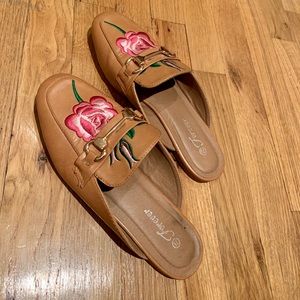 Tan floral embroidered mules